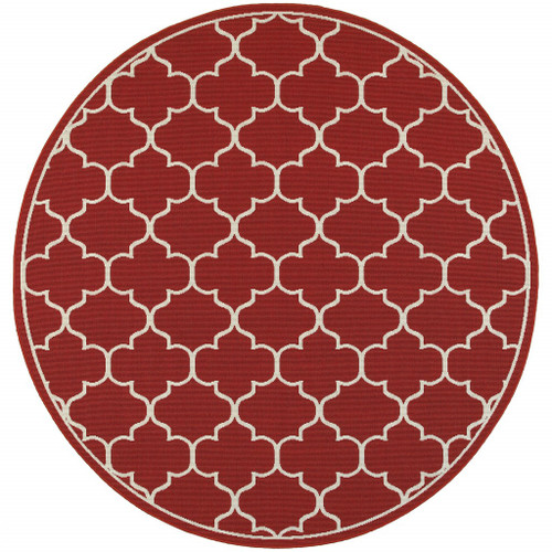 Homeroots Home Decor 8' Round Red and Ivory Trellis Indoor Outdoor Area Rug