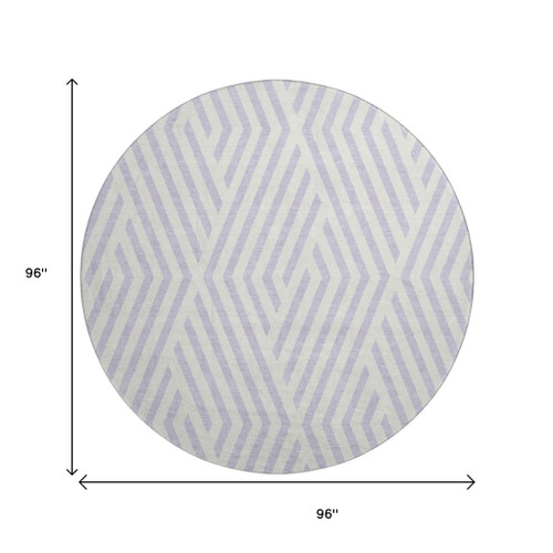8' Lavender And Ivory Geometric Washable Round Rug With UV Protection