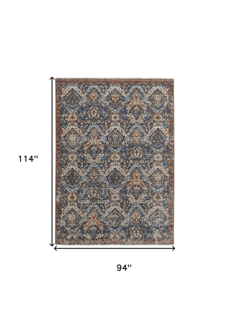 8' X 10' Ivory Blue And Burnt Orange Floral Area Rug With Fringe