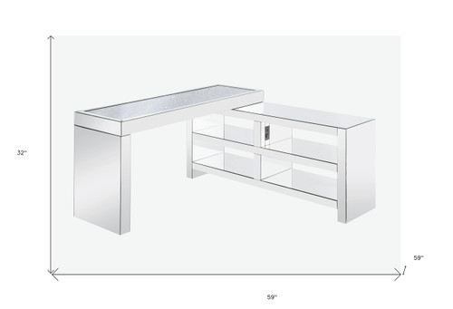 59" Clear Glass Mirrored L Shape Writing Desk