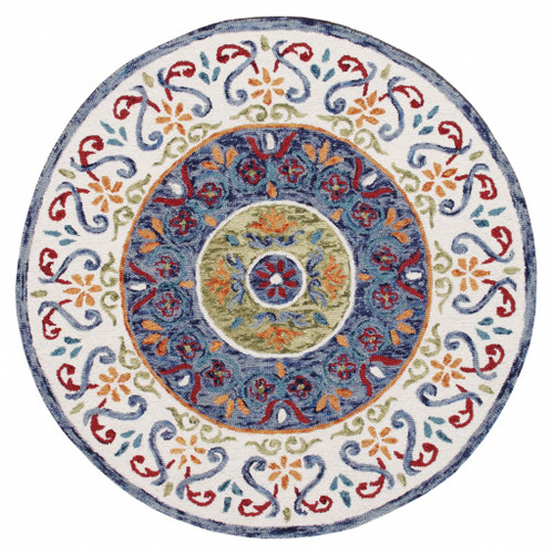 Homeroots Home Decor 6' Round Blue and White Ornate Medallion Area Rug