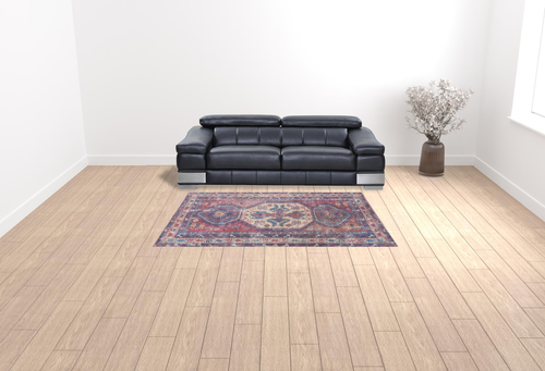 6' X 9' Red And Navy Medallion Distressed Washable Area Rug