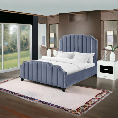 Sky Blue Solid Wood King Tufted Upholstered Velvet Bed with Nailhead Trim