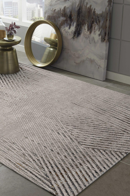 Homeroots Home Decor 5'x8' Ivory Grey Machine Woven Geometric Lines Indoor Area Rug, Ivory Grey, 5'x8' Size