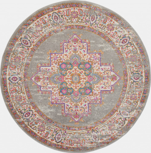 Homeroots Home Decor 8' Round Gray and Gold Medallion Area Rug