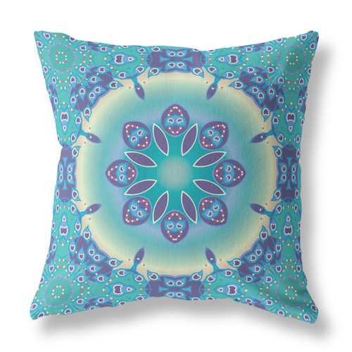 26" X 26" Blue And Purple Broadcloth Floral Throw Pillow