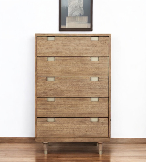 33" Brown Solid Wood Five Drawer Dresser