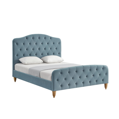 Light Blue Solid Wood Queen Tufted Upholstered Velvet Bed