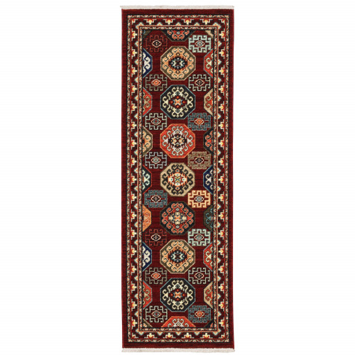 2' X 6' Red Blue Brown And Beige Oriental Power Loom Stain Resistant Runner Rug With Fringe