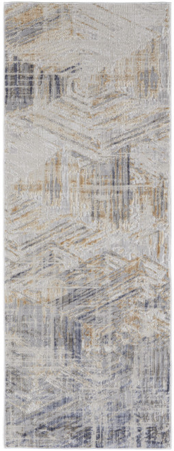 8' Ivory Gray And Tan Abstract Distressed Runner Rug Polyester