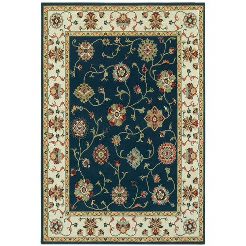 Homeroots Home Decor 10' x 13' Oriental Power Loom Area Rug, Navy and Ivory, Stain Resistant