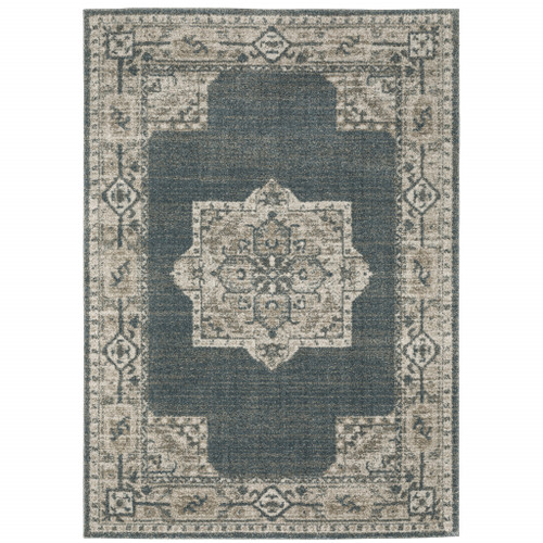 Homeroots Home Decor Oriental Area Rug Blue and Beige Power Loom Stain Resistant 8' x 11'