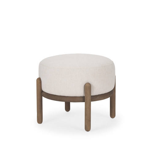 22" Cream and Brown Solid Wood and Upholstery Round Pouf Ottoman