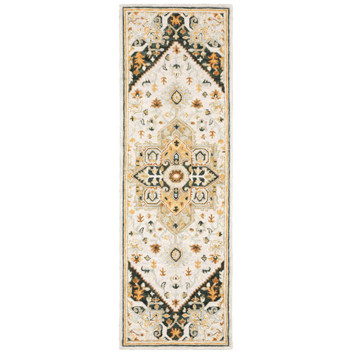 2' X 8' Ivory Charcoal Gold Clay And Muted Blue Oriental Tufted Handmade Stain Resistant Runner Rug