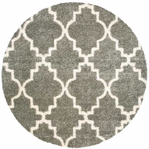 Homeroots Home Decor 8' Grey Round Geometric Power Loom Stain Resistant Area Rug, Grey, Round