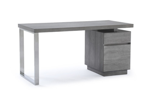 59" Gray and Silver Wood and Stainless Steel Writing Desk With Two Drawers