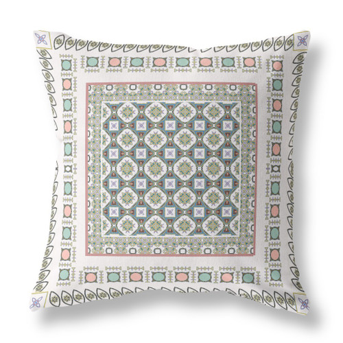 26" X 26" White And Blue Broadcloth Floral Throw Pillow