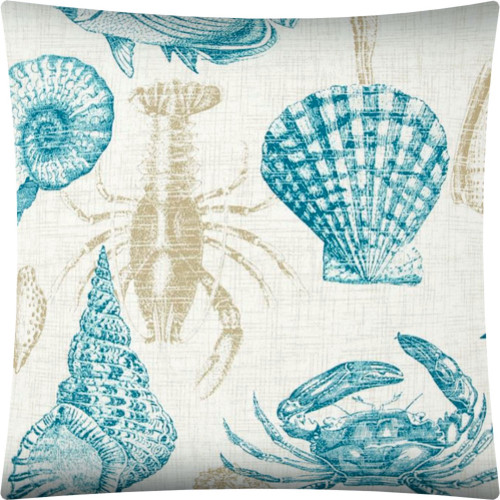 17" X 17" Teal Khaki And Ivory Seashells Zippered Polyester Coastal Throw Pillow Cover