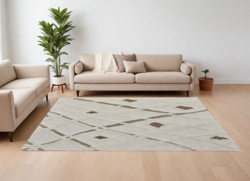 12' X 15' Ivory Taupe and Brown Wool Geometric Hand Tufted Area Rug