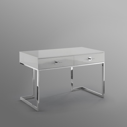 47" Light Gray and Silver Wood and Stainless Steel Sled Writing Desk With Two Drawers