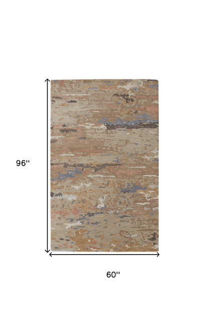 5' X 8' Tan and Blue Wool Abstract Hand Tufted Area Rug