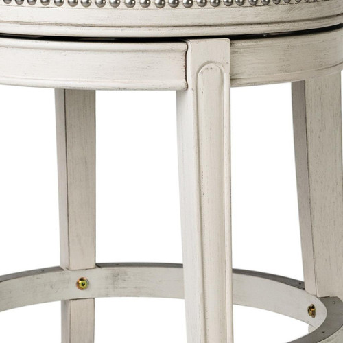 26" Bone and Antiqued White Fabric and Solid Wood Backless Counter Height Swivel Bar Chair