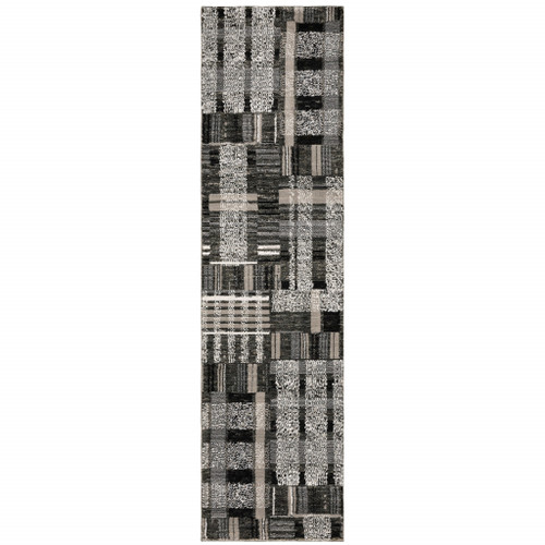 Homeroots Home Decor 2' X 8' Black Grey And Ivory Geometric Power Loom Stain Resistant Runner Rug