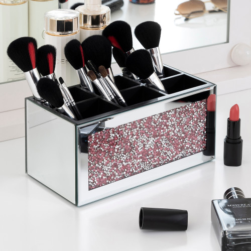 8" Silver And Pink Mirrored Glass Six Section Jewelry Organizer With Faux Crystals