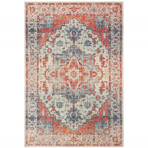 6' X 9' Blue And Orange Oriental Power Loom Stain Resistant Area Rug