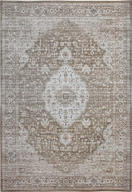 5' X 8' Beige Oriental Power Loom Distressed Stain Resistant Area Rug
