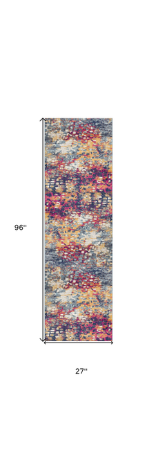 8' Blue And Ivory Abstract Runner Rug