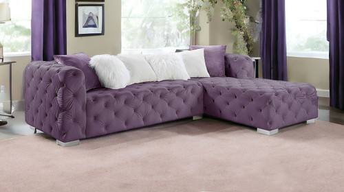 Purple Velvet L Shaped Two Piece Sofa and Chaise Sectional And Toss Pillows