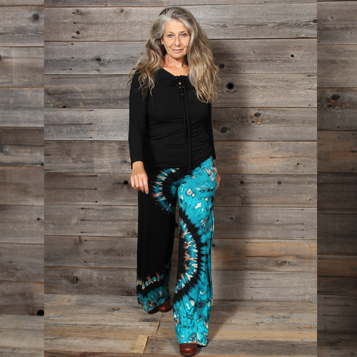 CATALINA PANTS Rayon Spandex Palazzo Pants Navy Tan Tie Dye