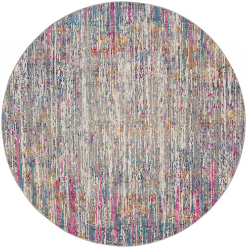 4' Ivory And Blue Abstract Round Rug