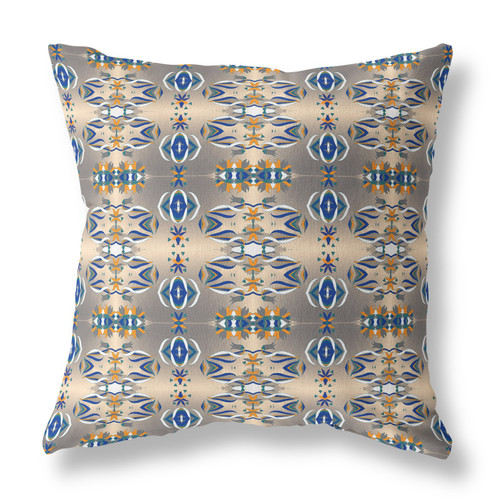 20" X 20" Brown And Blue Broadcloth Floral Throw Pillow