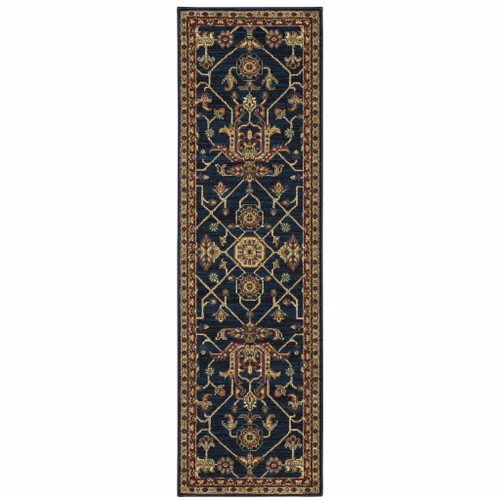 2' X 8' Blue And Red Oriental Power Loom Stain Resistant Runner Rug