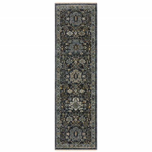 2' X 8' Blue Ivory Grey Gold Green And Brown Oriental Power Loom Stain Resistant Runner Rug With Fringe