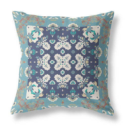 26" X 26" Gray And Blue Broadcloth Floral Throw Pillow