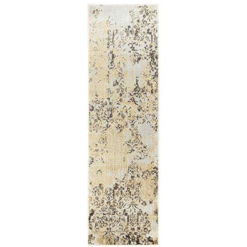 2' X 8' Grey And Gold Abstract Power Loom Stain Resistant Runner Rug Polypropylene