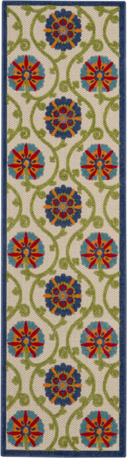 12' Ivory And Blue Indoor Outdoor Runner Rug - Ivory, Blue