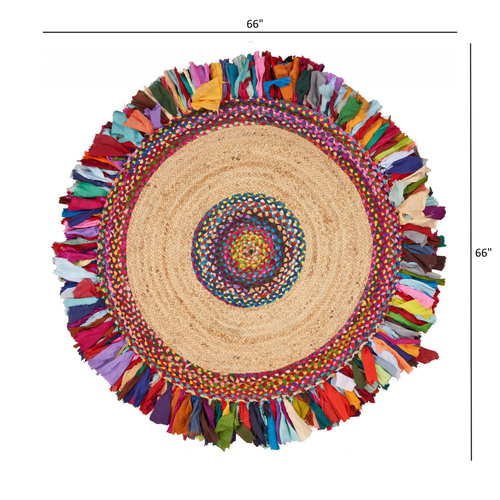 6' Blue Natural And Red Jute Abstract Geometric Hand Woven Round Rug