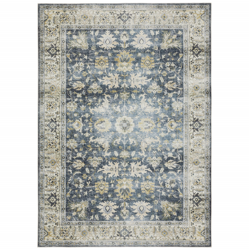 2' X 3' Blue And Gold Oriental Distressed Area Rug