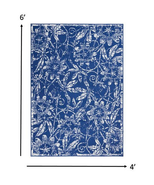 4' X 6' Navy Blue And Ivory Floral Distressed Area Rug