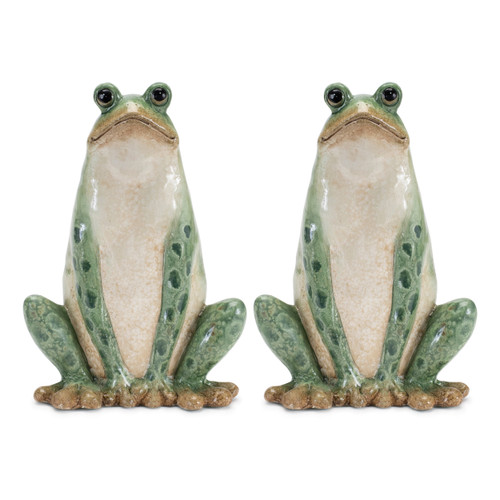 Set of Two Green Ceramic Frog Outdoor Statues