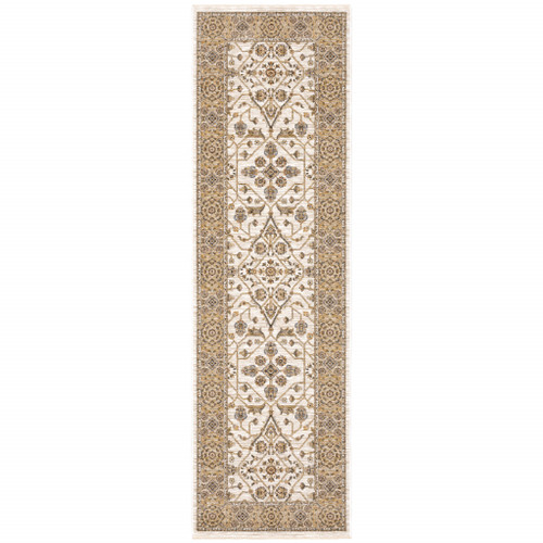2' X 8' Ivory And Gold Oriental Power Loom Stain Resistant Runner Rug With Fringe