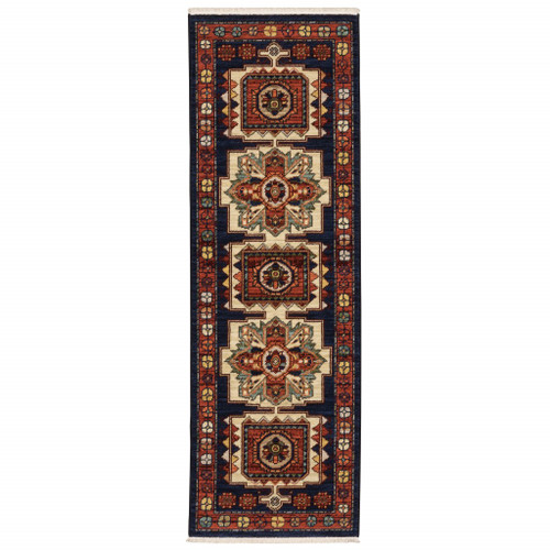 6' Blue And Beige Wool Handmade Runner Rug