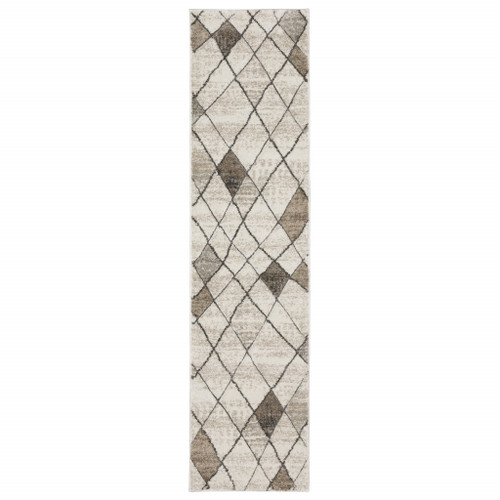 2' X 8' Beige Grey Tan And Brown Geometric Power Loom Stain Resistant Runner Rug