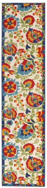 12' Green And Ivory Floral Indoor Outdoor Runner Rug - Green, Ivory