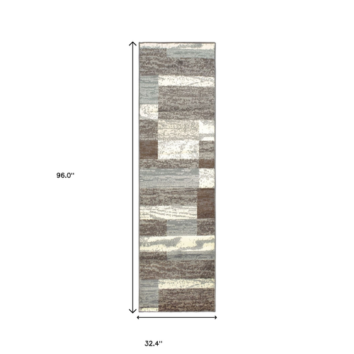 8' Blue And Ivory Patchwork Runner Rug