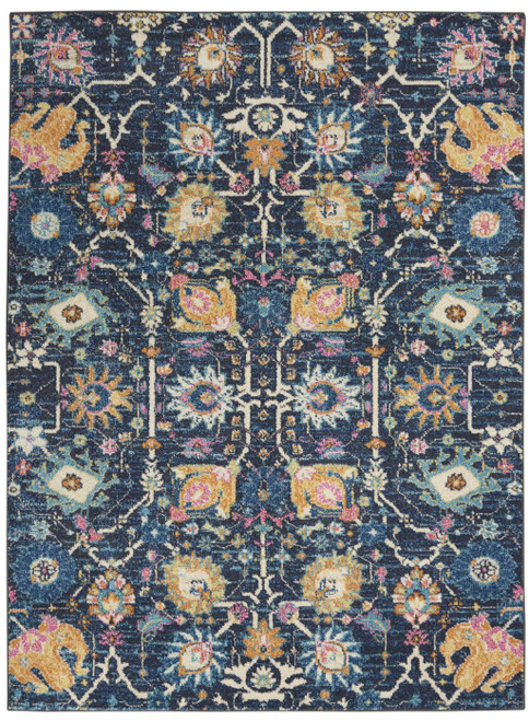 5' X 7' Navy Blue Yellow And Pink Floral Area Rug